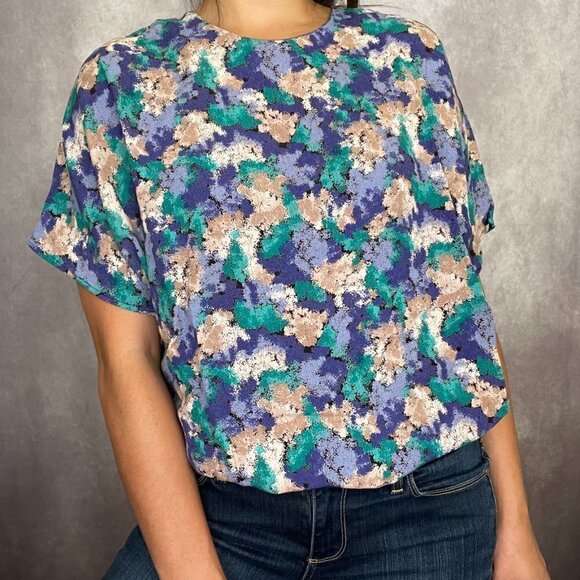 Vintage Pappagallo Abstract Floral Blouse Shirt Short Sleeve Womens Medium Large - Picture 1 of 12